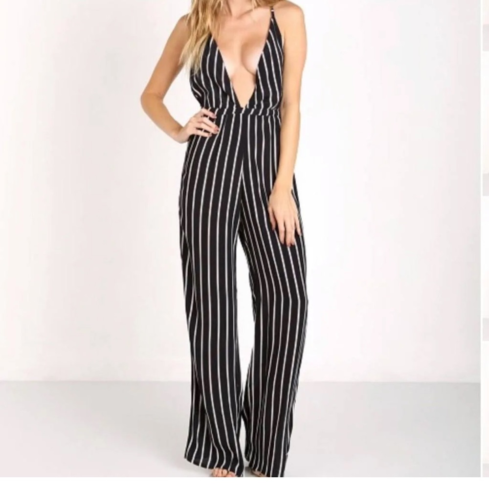 Faithful the Brand Shutterbabe Tilbury Stripe Jumpsuit in Navy & Taupe & White.